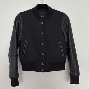 Club Monaco Women’s Black Leather Sleeve Bomber Jacket Size XS